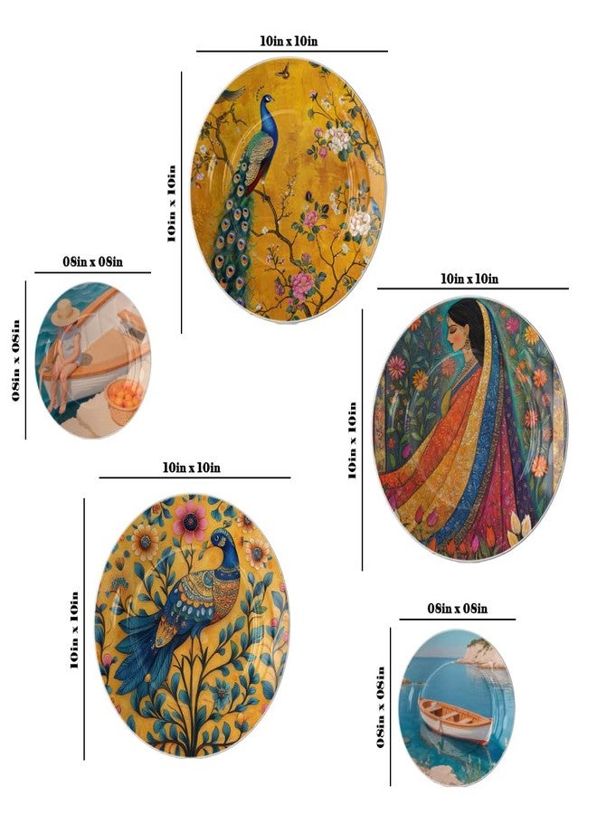 WOODHANG Decorative Ceramic Wall Plates Set of 5|Multicolor Wall Plate with Peacock, Floral & Ethnic Woman Designs|Designer Wall Art Plates for Living Room, Bedroom & Home Decor|Housewarming Gift - Image 2
